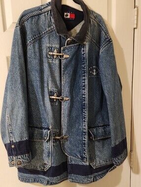 Vintage 90s Y2K Tommy Hilfiger Heavy Denim Jean Utility Coat  Lobster Clasps